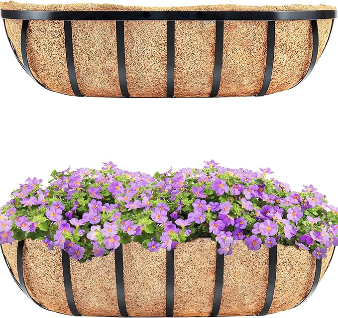 HFHOME 2 Pcs 24" Window Box Deck Railing Planter with Horse Trough Coco Liners, Black Metal Hanging Flower Planters Baskets for Indoor, Outdoor, Balcony, Porch, Fence, Patio, and Lawn