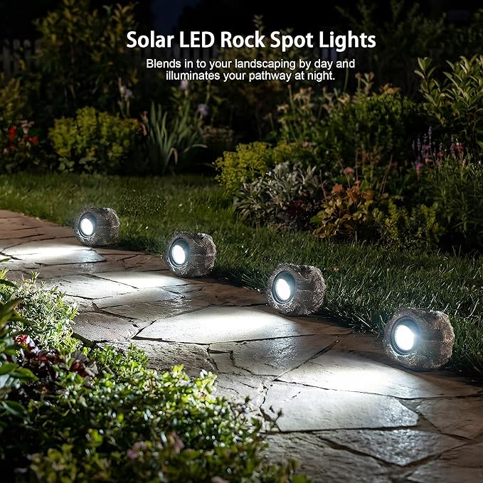 Solar Rock Lights Outdoor – 2 Pack Waterproof LED Landscape Garden Spotlights, Realistic Stone Design, Wireless Solar Powered Pathway Lights for Yard, Walkway, Patio & Lawn Decoration (Auto On/Off)
