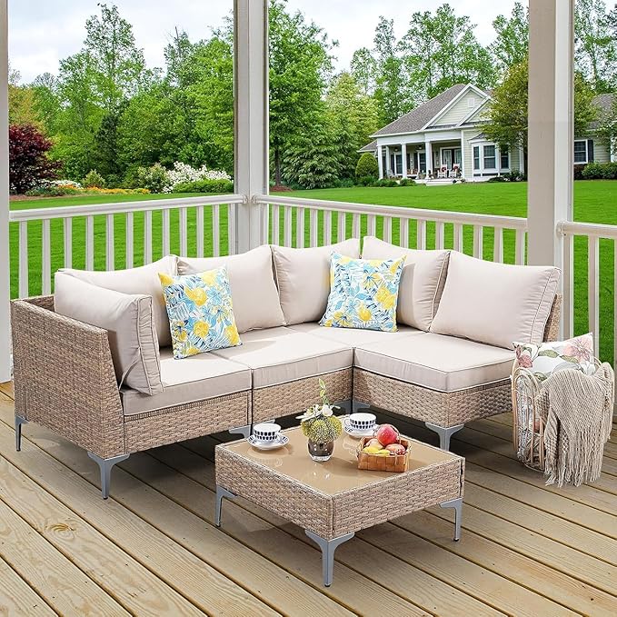 Jing's Villa 5-Piece Outdoor Patio Furniture Set,Ratten Conversation Sectional Sofa w/Coffee Table, All-Weather Patio Conversation Set with Thick and Anti-Slip Cushions for Backyard,Deck,Beige