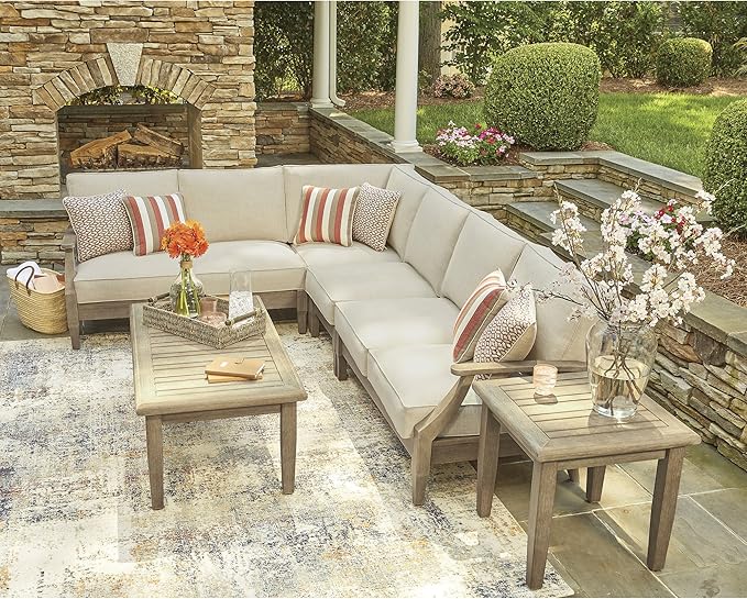 Signature Design by Ashley Clare View Left-Arm Facing Contemporary 4-Piece Outdoor Sectional with Cushion and 6 Throw Pillows, Beige