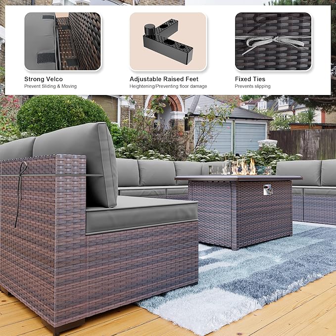 Kullavik 15PCS Outdoor Patio Furniture Set with 43" 55000BTU Gas Propane Fire Pit Table PE Wicker Rattan Sectional Sofa Patio Conversation Sets w/8 Coner Sofas,Grey