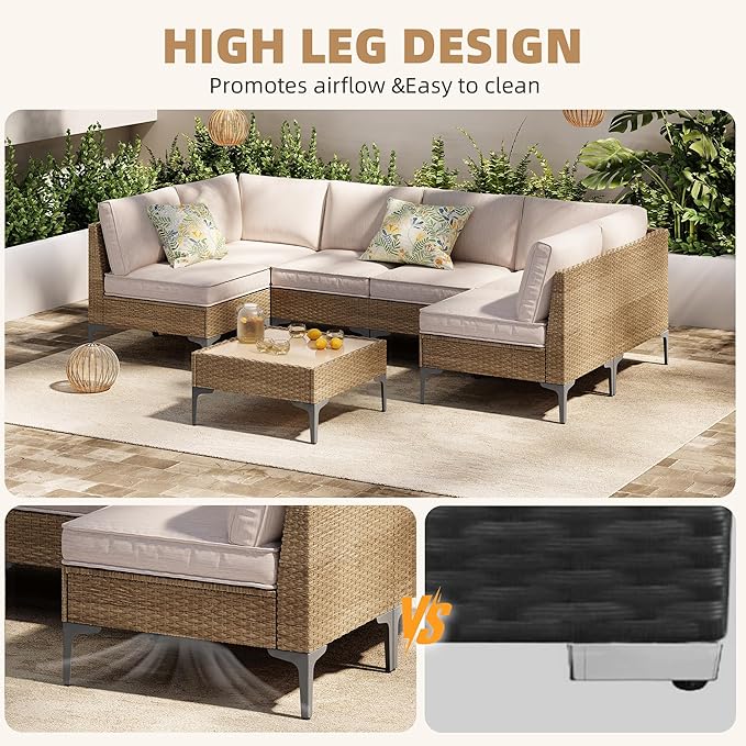 7-Piece Patio Furniture Set, Outdoor Wicker Sectional Sofa with Coffee Table, Anti-Slip & Thick All-Weather Cushions for Party,Garden,Backyard, Beige
