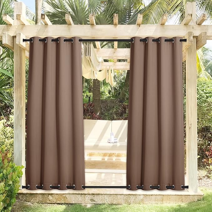 NICETOWN 2 Panels Weighted Blackout Curtains Rustproof Fixed Grommet Top and Bottom, Thermal Insulated Keep Rain Out Blackout Heavy Weight Wind Break Outdoor Draperies, 52 by 108 inches, Tan-Khaki