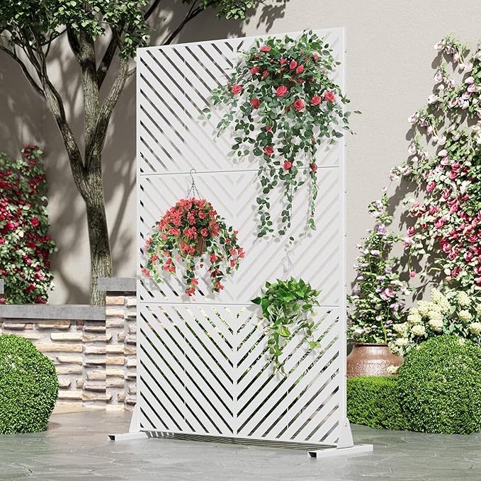 Casaphoria Metal Privacy Screen Outdoor, 72" H x 47" W Freestanding Decorative Privacy Screen for Patio Deck Balcony Garden with Stable Base, White-Parallel
