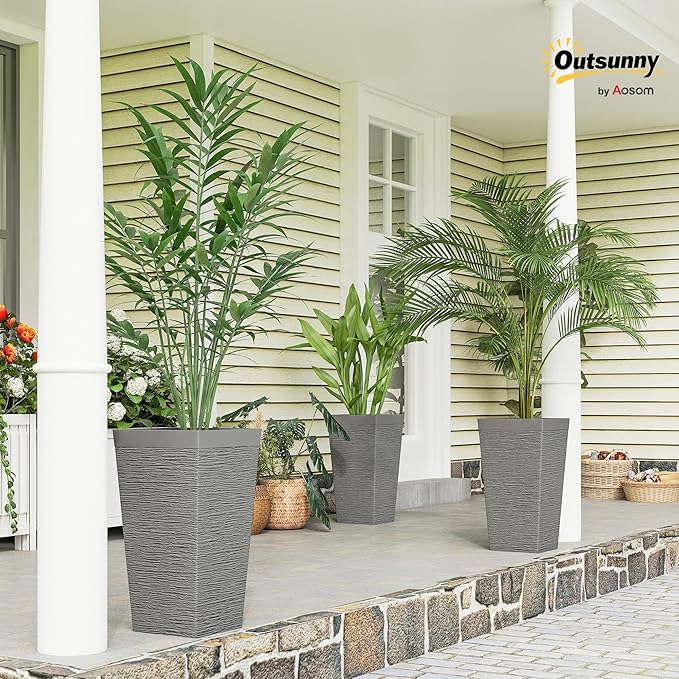 Outsunny 22.8 Inch Tall Planters for Outdoor Plants, Set of 3 Plastic Flower Pots with Stone Finish and Wheels, Stackable Tapered Planters with Drainage Hole for Indoor Plants, Front Porch, Gray
