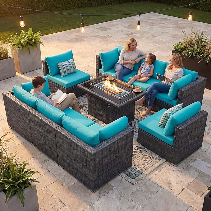 NICESOUL Extra-Large 9 Pcs Outdoor Patio Furniture Set with Fire Pit Table Natural Gas/Propane, 29.3'' High Back Deep Wide Modular Sofa Conversations with Fireplaces, 2 Color Cushion Teal Blue & Grey