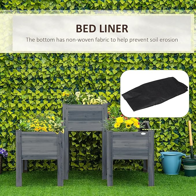 Outsunny Raised Garden Bed Set of 3, Wooden Elevated Planter Box with Legs and Bed Liner, for Backyard and Patio to Grow Vegetables, Herbs, and Flowers, Gray