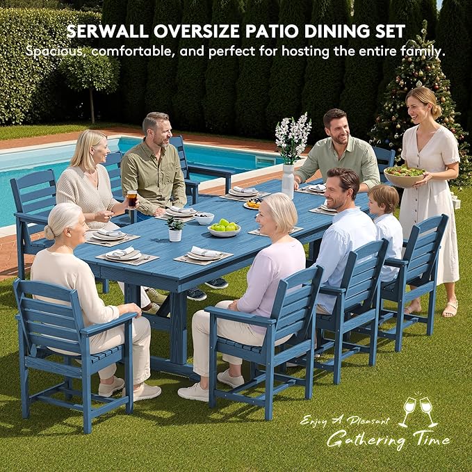 SERWALL 9 Piece Outdoor Dining Set, 84" HDPE Outdoor Table and Chairs for 8，All Weather Patio Furniture Set with Umbrella Hole for Backyard, Garden, Blue
