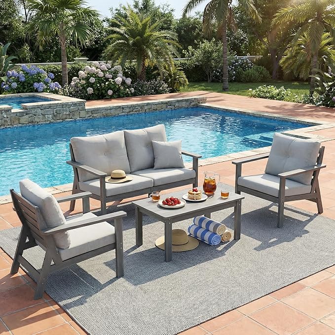 6-Piece HDPE Patio Furniture Set, Outdoor Sectional Sofa Set,All Weather Outdoor Couch with Dust-Free Cushions, Durable Patio Conversation Sets for Balcony, Porch, Gray