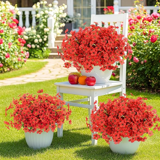 MACTING 24 Bundles Artificial Flowers for Outdoors UV Resistant Fake Flowers Faux Plastic Plants No Fade for Planters Window Patio Porch Home Garden Indoor Outside Spring Decorations,Red