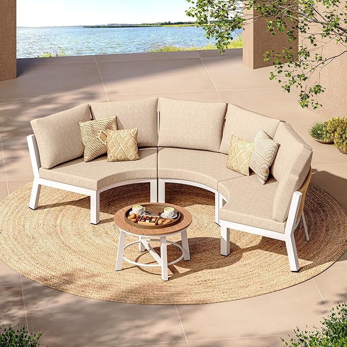 Outdoor Patio Furniture Set,4 Piece Aluminum Half-Moon Patio Conversation Sets, PE Rope Curved Sofa, All-Weather Outdoor Sectional Sofas with Modular Coffee Table & Cushions, White