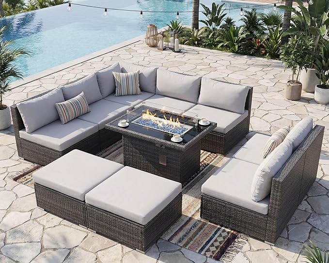 NICESOUL 10 Piece Modern Outdoor Patio Furniture Set with Firepit Natural Gas Propane Convertible, 29.3'' High Back Extra Large Size Wicker Conversation, Deep Wide Comfortable Couch for Outside, Grey