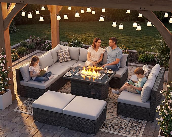 NICESOUL 10 Piece Modern Outdoor Patio Furniture Set with Firepit Natural Gas Propane Convertible, 29.3'' High Back Extra Large Size Wicker Conversation, Deep Wide Comfortable Couch for Outside, Grey