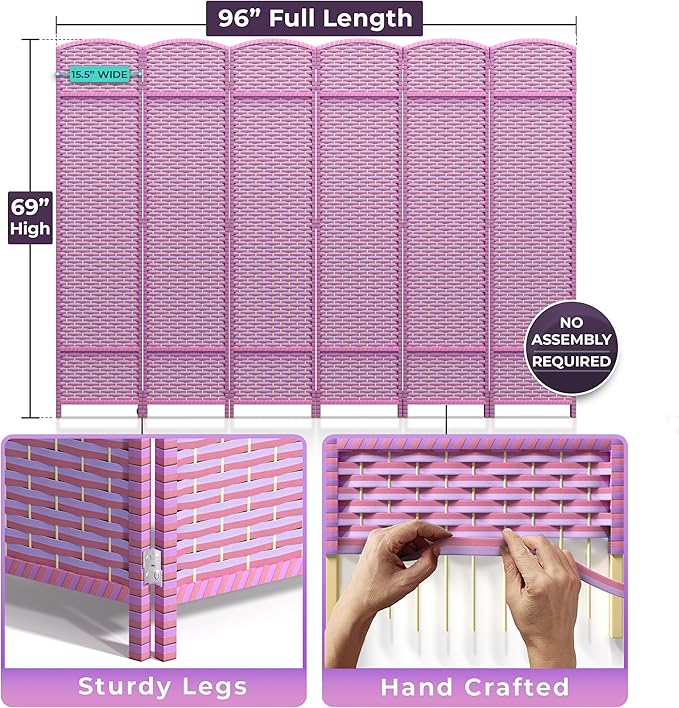 Sorbus 6-Panel Black Room Divider with Double Hinged Panels, 6 ft Tall Folding Privacy Screen