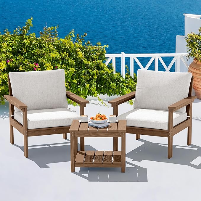 SERWALL HDPE Patio Sofa Set, 3-piece Sectional Outdoor Furniture Set, All Weather Outdoor Couch Set Patio Furniture Set for Deck, Lawn, Brown Frame with Khaki Cushion
