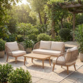 Merax 4-Piece Acacia Wood Patio Conversation Set - Curved Tub Loveseat & Chairs with Woven Rope Accents,Slatted Coffee Table & Weather-Resistant Cushions for Outdoor Deck,Garden or Balcony,Teak+ Beige