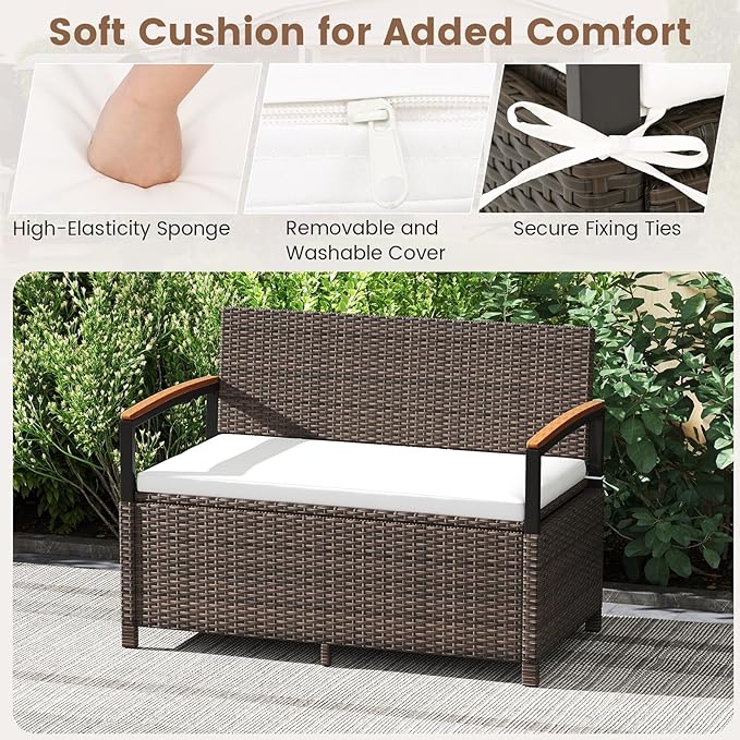 RELAX4LIFE Wicker Outdoor Storage Bench - Rattan Deck Box w/Protective Liner for Patio Furniture Pillows, Pool Supplies & Garden Tools, Porch Loveseat with Seat Cushion, Acacia Wood Armrests