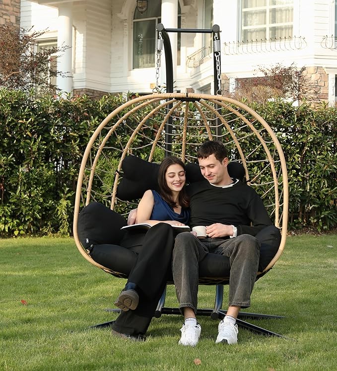 DoubleTT Double Indoor/Outdoor Wicker Swing Egg Chair Hammock Foldable Hanging Loveseat with Stand, UV Resistant Removable Cushions, 700LBS Capacity for Bedroom, Balcony, Garden (Yellow and Black)