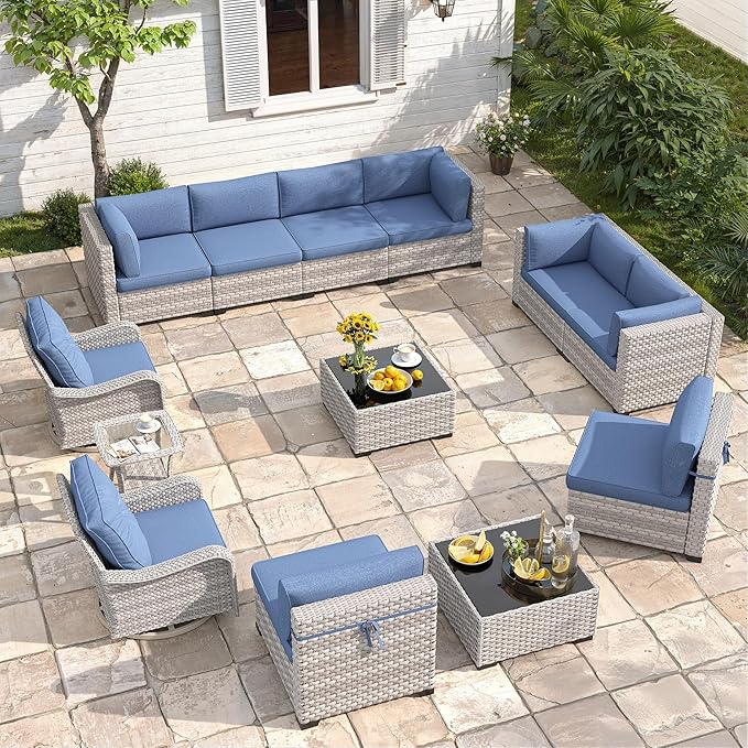 10-Seat Modern Patio Furniture Set with Swivel Rocking Chairs, Thick 4″ Cushions, Dual-Strand Wicker Rattan, Rust-Resistant Steel Frame – Outdoor Conversation & Modular Sectional,Navy