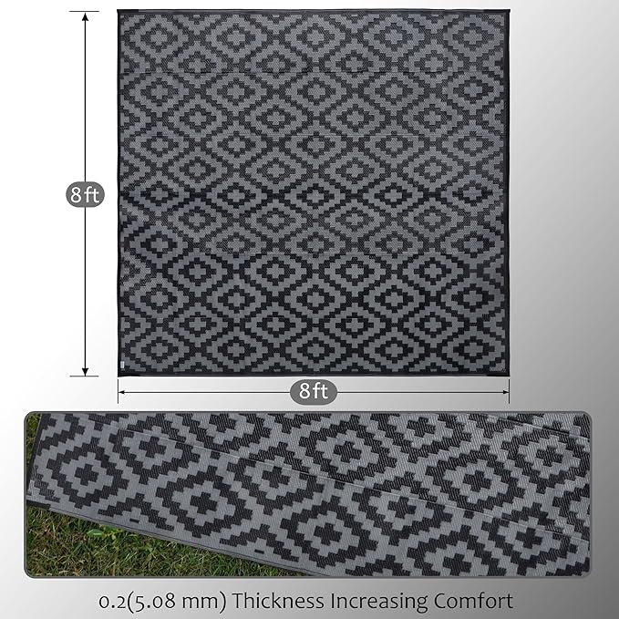 SAND MINE Waterproof Outdoor Rug 8x8 ft, Plastic Reversible Rug, Modern Area Rug, Large Floor Mat for Outdoors, RV, Patio, Backyard, Deck, Picnic, Beach, Camping (8' x 8', Black Grey Lattice)