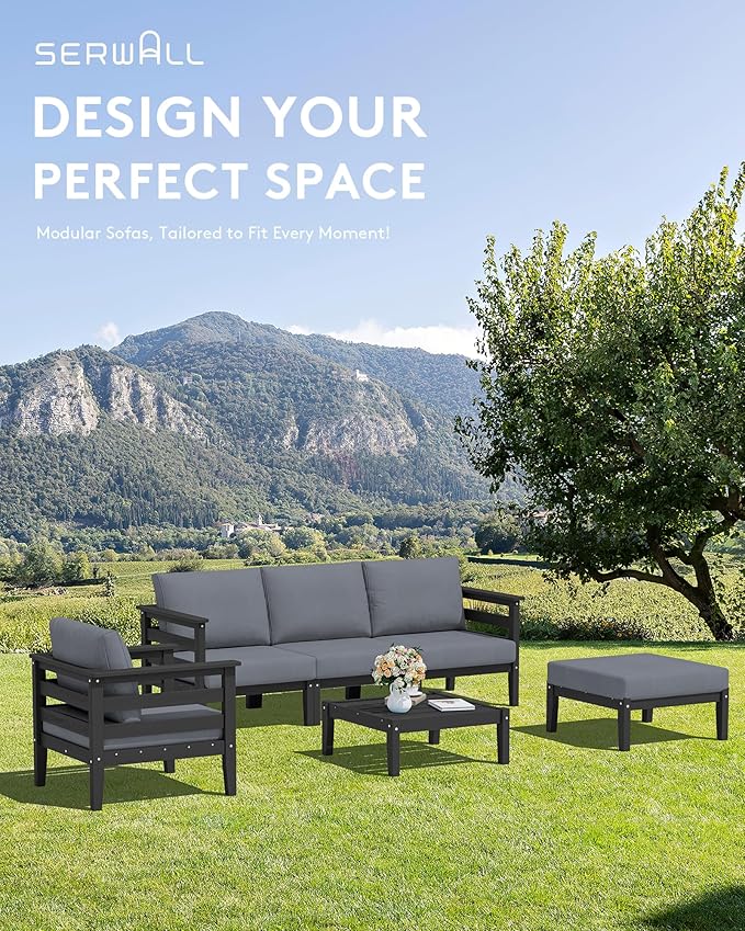SERWALL HDPE Patio Furniture Set, 2 Pieces Outdoor Sectional Sofa Set, All-Weather Wood-Like Outdoor Sofa Couch with Coffee Table for Deck, Lawn, Black Frame with Grey Cushion