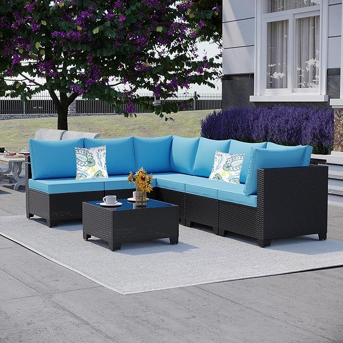 Outdoor Wicker Patio Furniture Set, Rattan Sectional Sofa Set with Thick Cushions (Coffee/Peacock Blue, 7 Piece Sofa Set)