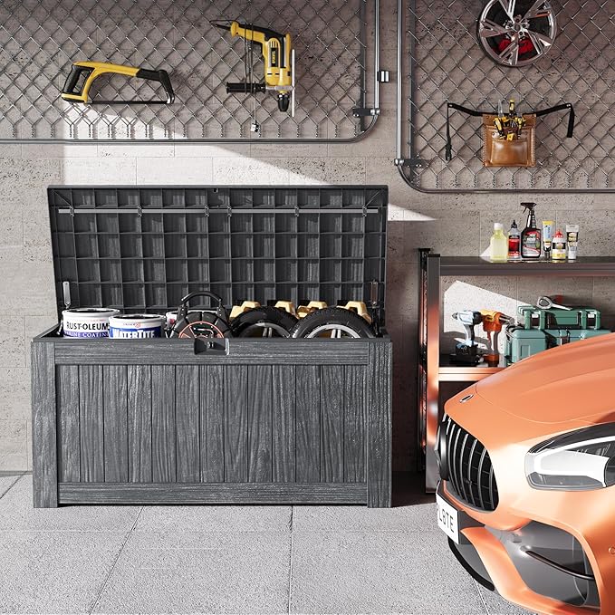 Greesum Outdoor Storage Box 120 Gallon Storage Bin with Lid for Patio Furniture, Garden Tools, Pool Supplies, Lockable, Waterproof and UV Resistant, Gray