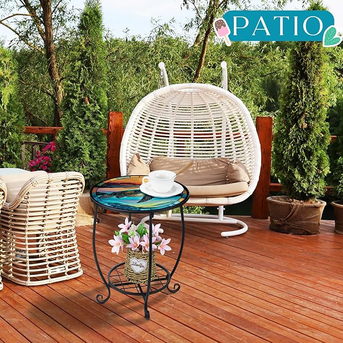 Outdoor Side Table Round Small Mosaic Patio Accent Indoor End Plant Coffee Tea Table for Yard Patio Porch Garden Living Room, Bedroom(Turtle Style,14 Inch)