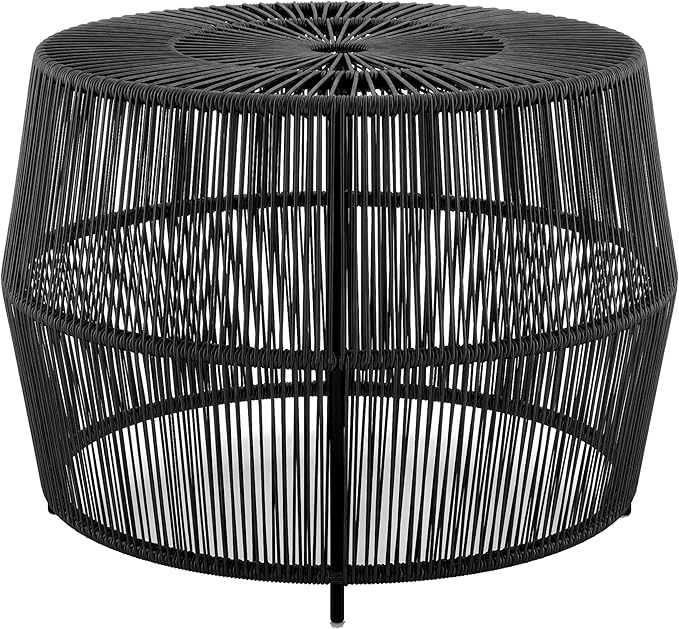 Furniture of America Ysar Boho Rattan Round Coffee Table Outdoor with Metal Frame, All-Weather and Rust Resistant, Handcrafted Coastal Furniture for Patio, Poolside, Garden, Yard, Black