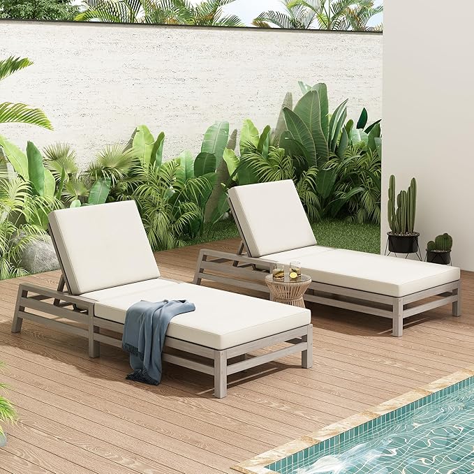 LUMISOL Outdoor Chaise Lounge Chairs Set of 2, Solid Wood Patio 5-Position Adjustable Recliner Chair with Thick Cushions, Weather-Resistant for Pool, Balcony, Garden, Grey