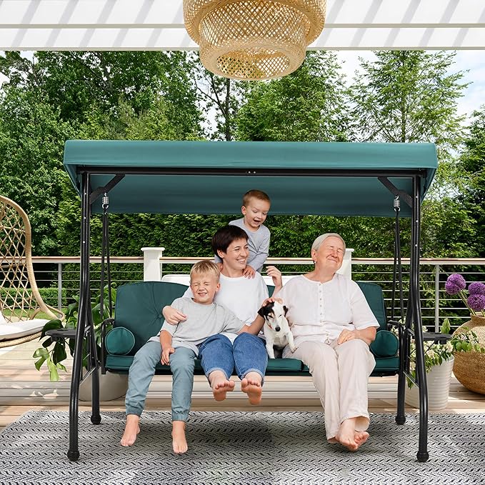 HOMREST 3 Seat Outdoor Porch Swing with Adjustable Canopy, Convertible Patio Swing Bed with Stand, Patio Glider Swing with Upgraded Cup Holder, Thicken Cushions ＆ Pillow for Backyard（Green）
