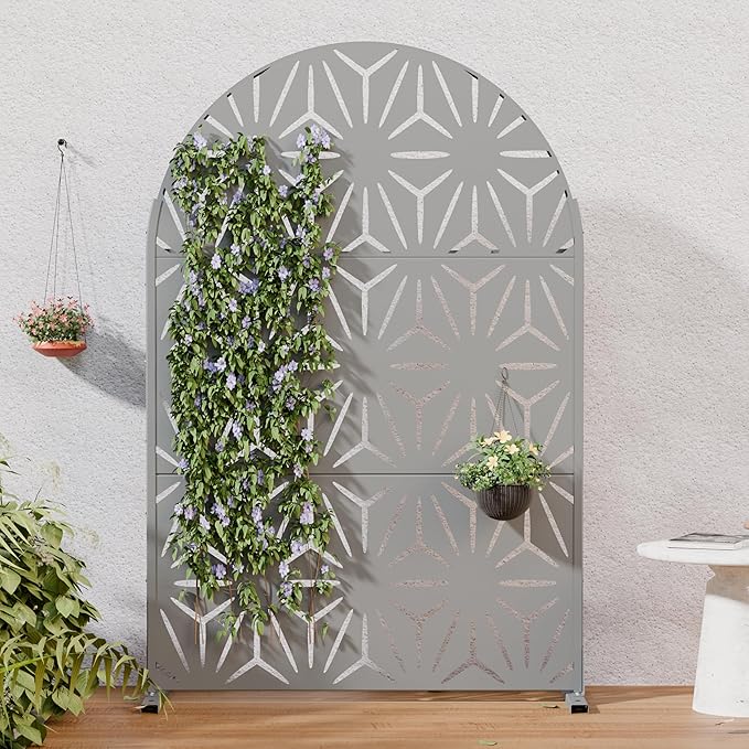 Casaphoria Metal Privacy Screen Outdoor, 72" H x 47" W Arched Freestanding Decorative Privacy Screen for Patio Deck Balcony Garden with Stable Base,Grey-Star