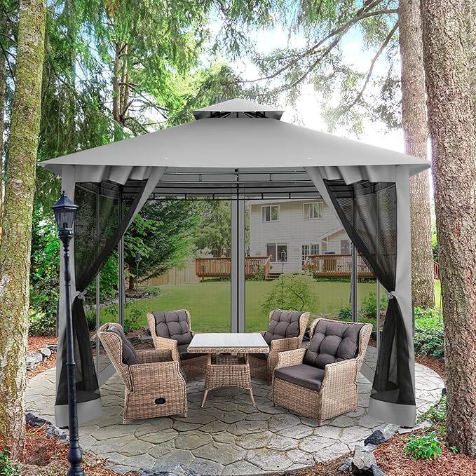 COBIZI Gazebo 10x10 Heavy Duty Gazebos with Improved Nettings Outdoor Gazebo Double Roof Patio Gazebos with Metal Steel Frame Outdoor Canopy for Patio, Deck, Backyard (Gray)