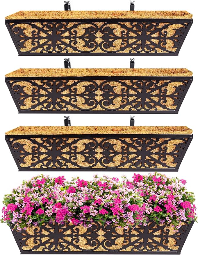 4 Pack 24 Inch Window Boxes Planters Railing Planter Box with Adjustable Brackets & Coco Liners Fabric Plant Grow Bags Deck Railing Planter Boxes Balcony Hanging Flower Box for Outdoor Plants
