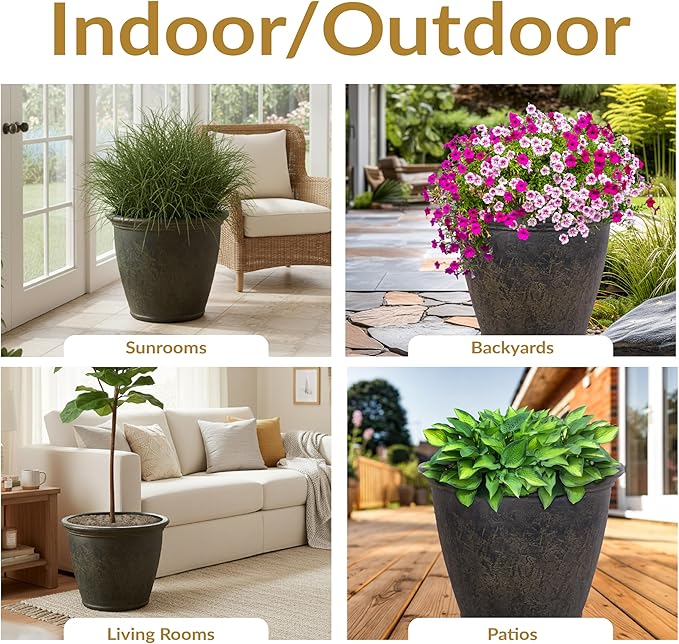 Sunnydaze 24-Inch Anjelica Large Plastic Pot for Plants - Outdoor Double-Walled Large Plastic Planter with Drillable Drainage Holes - Sable - 4pk