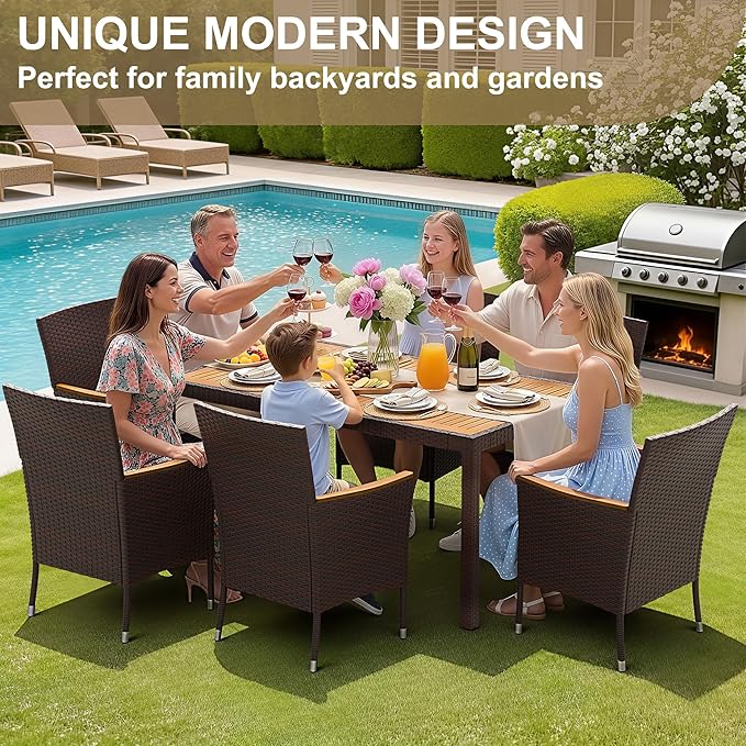 Devoko Dining 7 PCS Furniture, Patio Conversation Set with Acacia Wood Table Top, Outdoor, Beige Cushion and Brown Rattan