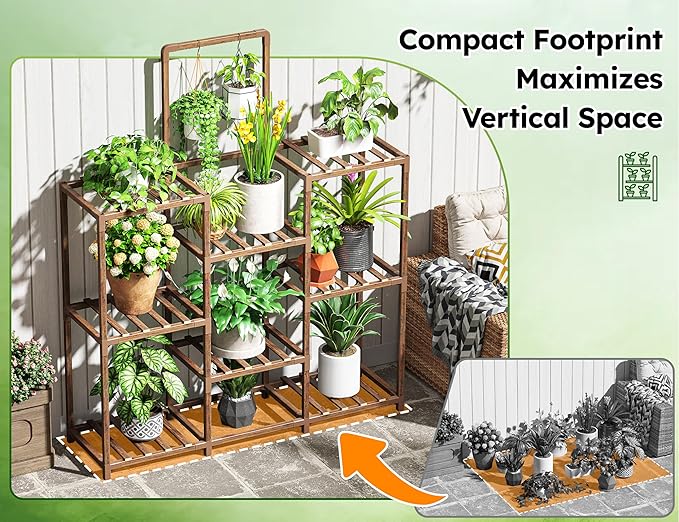 EnHomee Plant Stand Indoor Large Plant Stand Outdoor 5 Tiers Wood Tiered Plants Shelf for Multiple Plants with 10-15 Potted for Living Room Patio Balcony Yard Garden 34.3" W x 11.8" D x 47.2" H