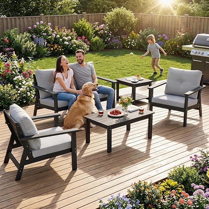 6-Piece HDPE Patio Furniture Set, Outdoor Sectional Sofa Set,All Weather Outdoor Couch with Dust-Free Cushions, Durable Patio Conversation Sets for Balcony, Porch, Black