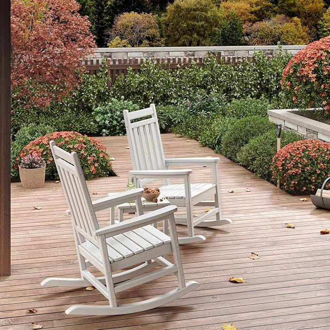 HDPE Rocking Chair Outdoor- Poly High Back Porch Rocker Chairs for Adults - All Weather Resistant Furniture for Patio Front Porch - White