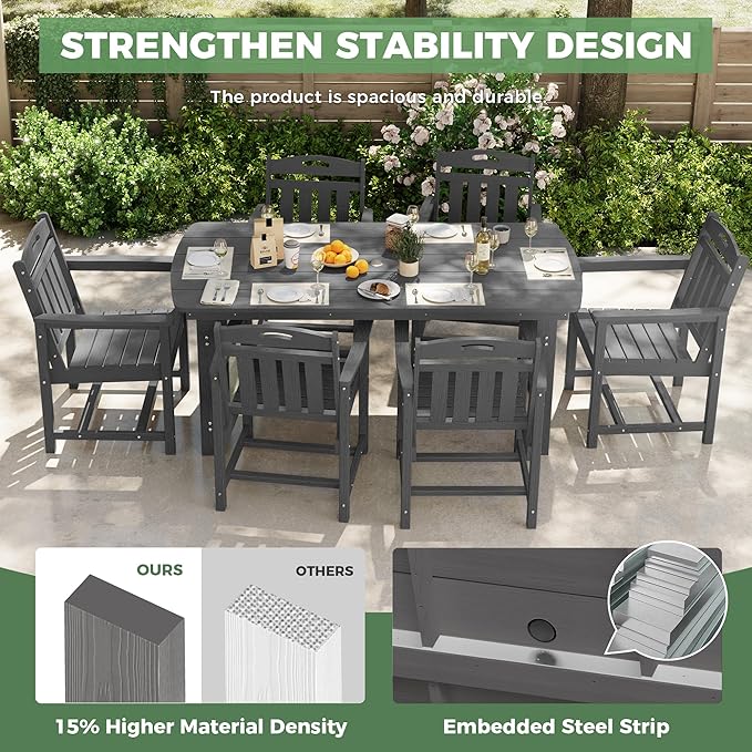 HDPE Outdoor Patio Dining Set with Table & 6 Chairs, All-Weather 7-Piece Outdoor Table and Chairs, 2" Umbrella Hole, Patio Furniture for Garden, Backyard, Deck | Grey