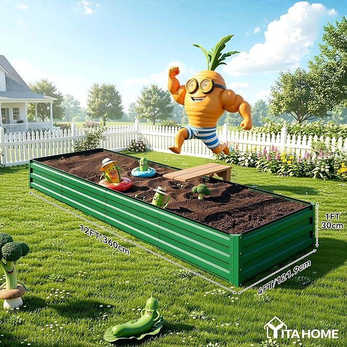 YITAHOME 12x4x1ft Large Raised Garden Bed Kit, Galvanized Metal Planter Box with Gloves, Ground Nails, Support Rod, Outdoor Above Ground Planters for Plants Vegetables Flowers, Green