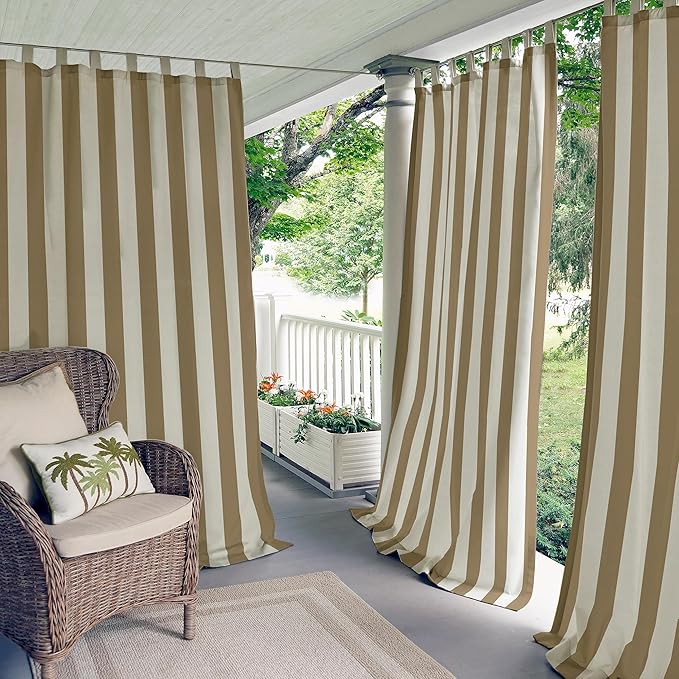 Elrene Home Fashions Highland Stripe Indoor/Outdoor Curtain Panel, 50 inches X 108 inches, Natural