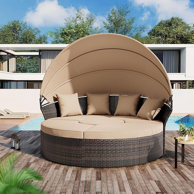 Crownland Outdoor Daybed with Retractable Canopy, Patio Round Daybed with Washable Cushions, Clamshell Sectional Seating, Wicker Furniture for Backyard, Patio, Garden, Pool (Light Brown)