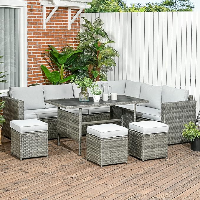 Outsunny 7 Piece Rattan Outdoor Patio Furniture Set, L-Shaped Sectional Sofa Conversation Set with Loveseats, Ottomans, Dining Table, Cushions, Storage, Mixed Gray