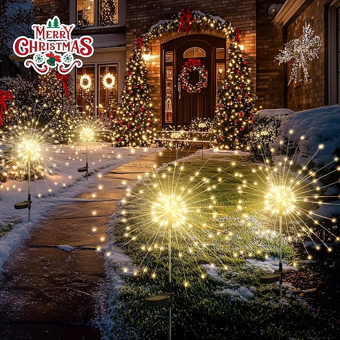 GIGALUMI Garden Decor Outdoor Lights 120LED 4Pack, Solar Garden Lights for Christmas Outside Fairy Firework Decorative,Solar Powered for Yard Pathway Flowerbed Planter Balcony Patio Decor (Warm White