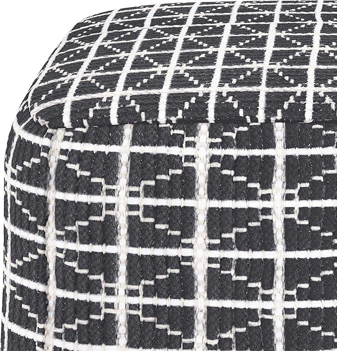 SIMPLIHOME Noreen Square Pouf - 18 inch Wide Upholstered Handwoven Cotton Ottoman in Slate Grey and White, Boho Footstool or Extra Seating for Living Room with Polystyrene Filling, Assembled