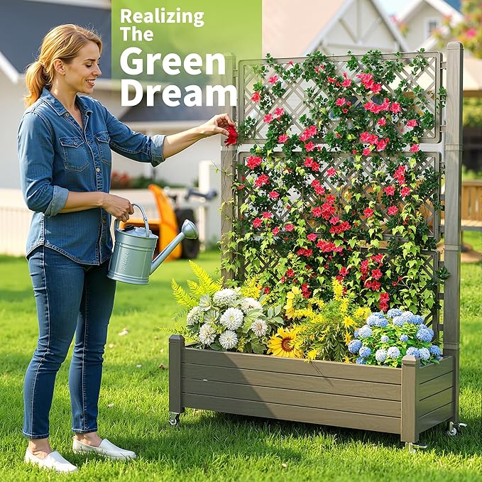 Raised Garden Bed with Trellis, 21 Gallon Self Watering Planter Box with Lockable Wheels & Drainage Holes for Climbing Plants Vegetables Flowers, Anti-Rust Resin for Backyard Patio (Grey)