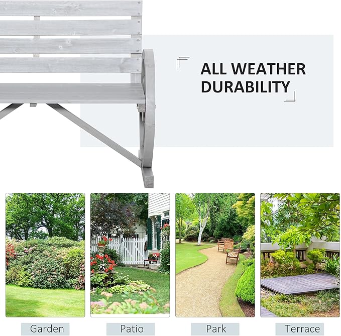 Outsunny 41" Wooden Wagon Wheel Bench, Rustic Outdoor Patio Weather Resistance Furniture, 2-Person Slatted Seat Bench with Backrest, Light Gray