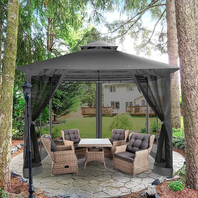 COBIZI Gazebo 10x10 Heavy Duty Gazebos with Improved Nettings Outdoor Gazebo Double Roof Patio Gazebos with Metal Steel Frame Outdoor Canopy for Patio, Deck, Backyard (Black)