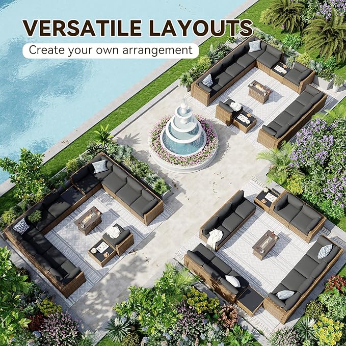 Aoxun Patio Furniture Sets, 15-Piece Outdoor Patio Furniture with 44'' Propane Gas Firepit Table, Wicker Outdoor Conversation Set Sectional Sofa for Backyard, Poolside, Garden
